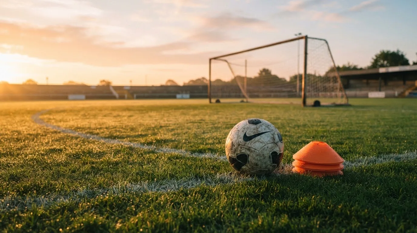 Ein Fußball liegt auf einem Rasenplatz bei Sonnenaufgang, daneben ein kleiner Stapel Trainingshütchen.