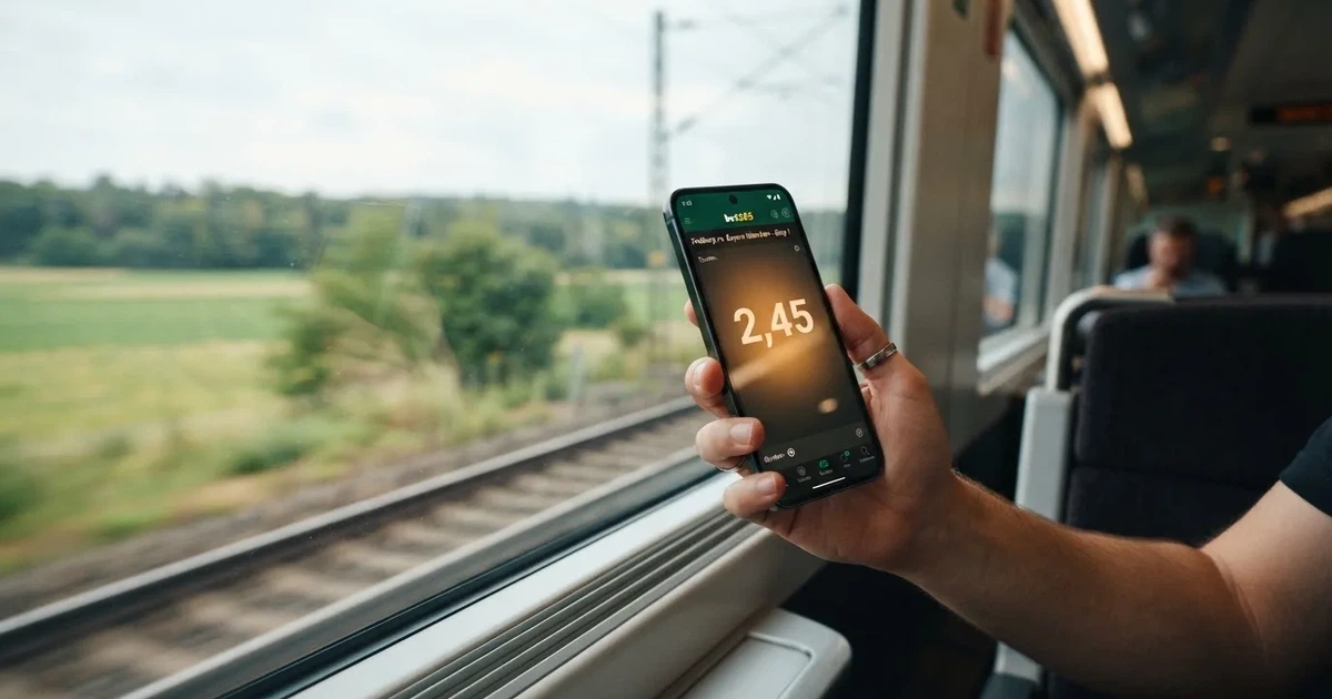Eine Hand hält ein Smartphone mit dunklem Display in einem Zug, am Fenster ziehen verschwommen Felder vorbei.