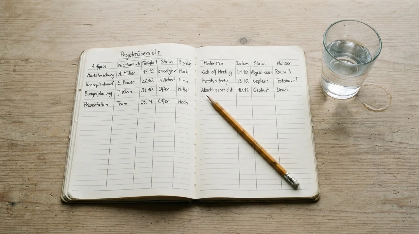 Ein Notizbuch mit handgezeichneten Spalten und ein Bleistift liegen auf einem hellen Holztisch neben einem Glas Wasser.