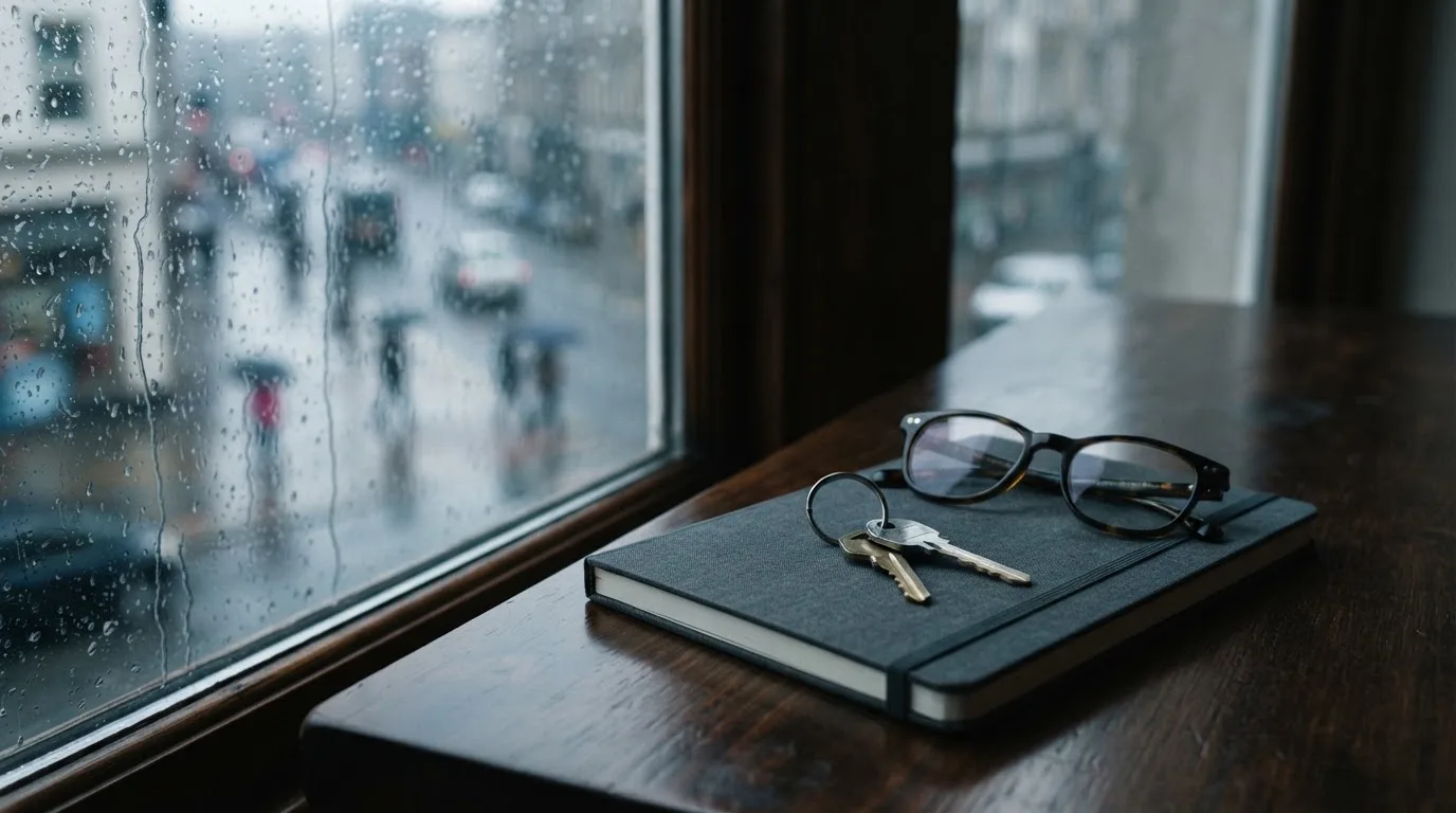 Ein Schlüsselbund und eine Brille liegen auf einem leeren Block neben einem Fenster mit Regentropfen.
