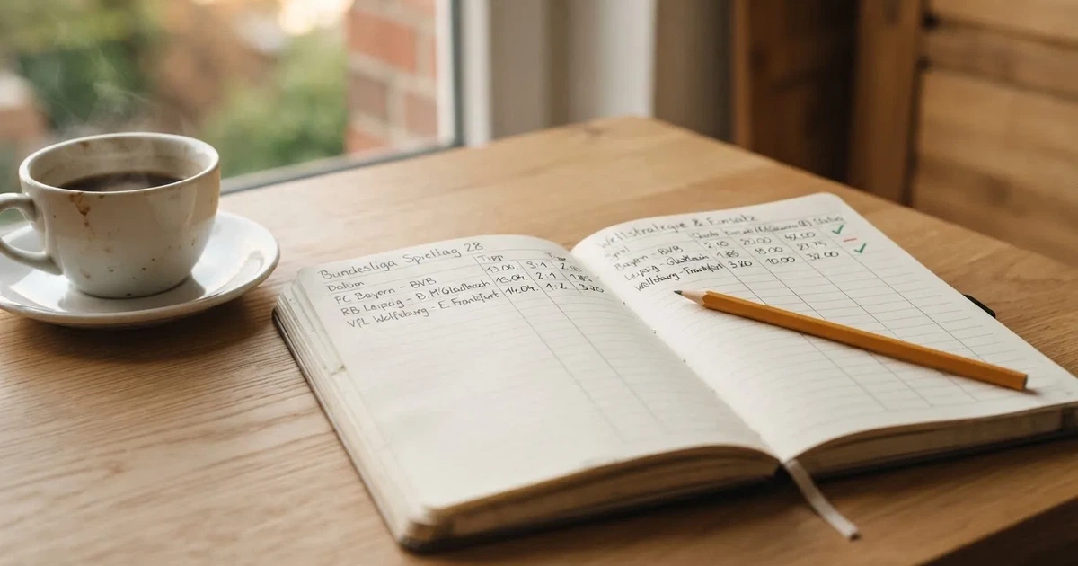 Handschriftliche Zahlenkolonnen in einem Notizbuch, daneben ein Bleistift und eine Tasse Kaffee auf hellem Holz.