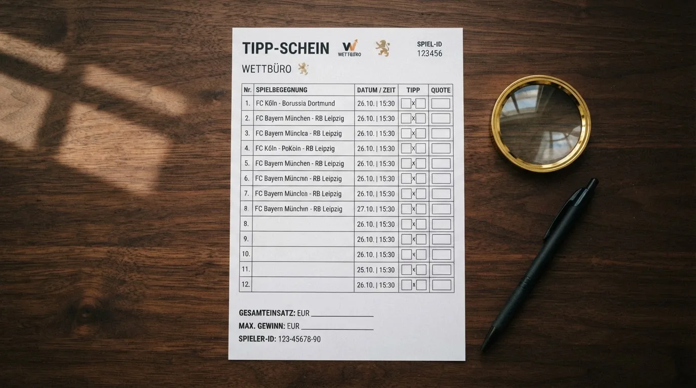Ein leerer Wettschein aus Papier und ein Kugelschreiber liegen auf einem Schreibtisch neben einer Lupe.