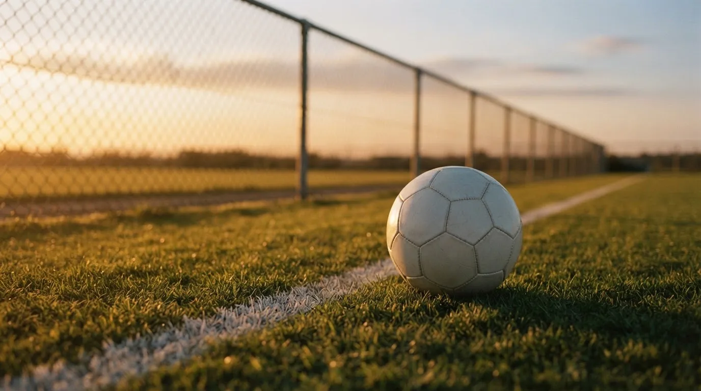 Ein Fußball liegt am Rand eines Rasens neben einer weißen Linie, im Hintergrund ein Zaun in der Abendsonne.