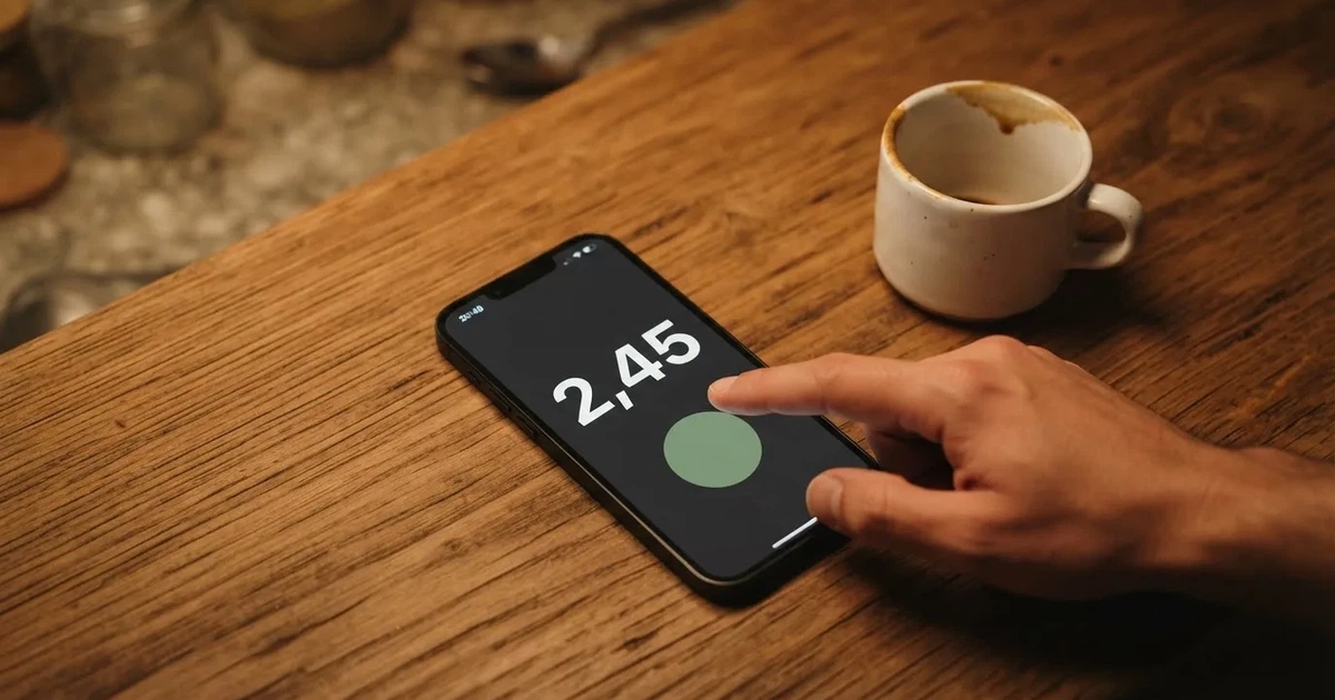 Ein Daumen schwebt über einem Smartphone mit dunklem Display, das auf einem Küchentisch neben einer Tasse liegt.