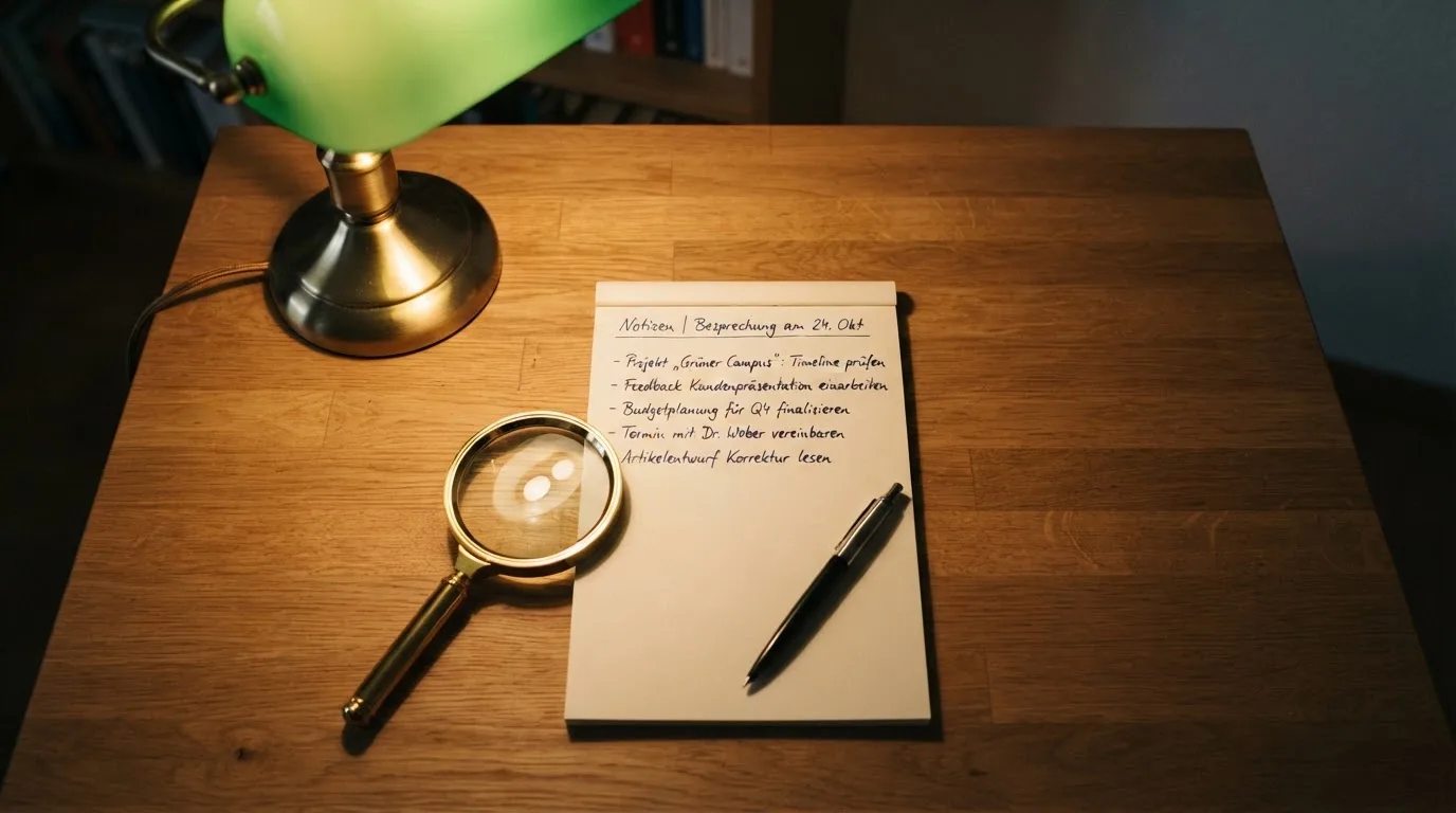 Ein Schreibtisch mit Lupe, Kugelschreiber und einem leeren Notizblock unter einer Lampe in einem ruhigen Raum.