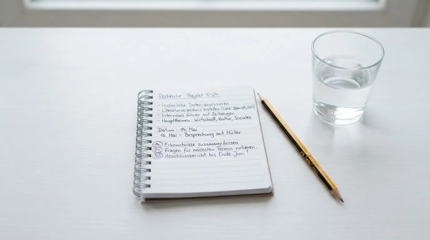 Ein Notizbuch und ein Bleistift liegen neben einem Glas Wasser auf einem hellen Tisch.