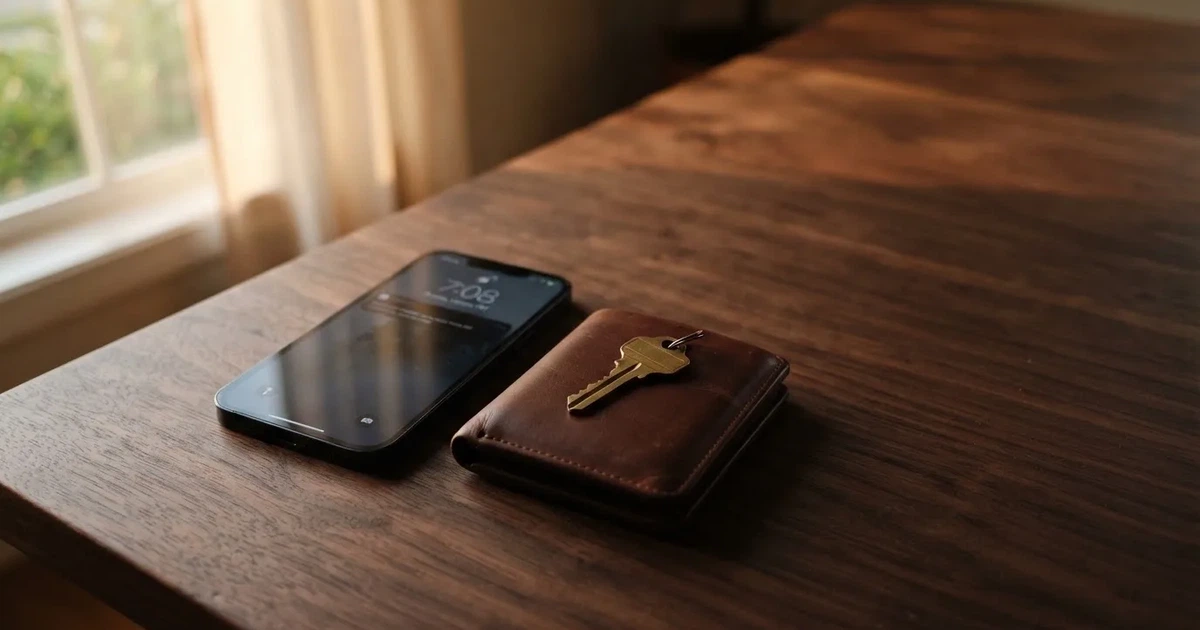 Ein Smartphone mit dunklem Display liegt neben einer Geldbörse und einem Schlüssel auf einem Tisch.