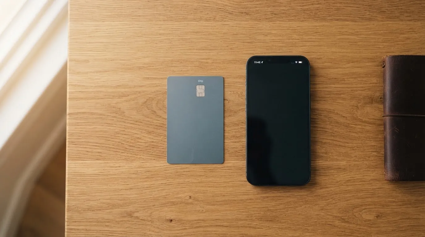 Eine Bankkarte ohne Aufdruck liegt neben einem Smartphone mit dunklem Display auf einem Holztisch.