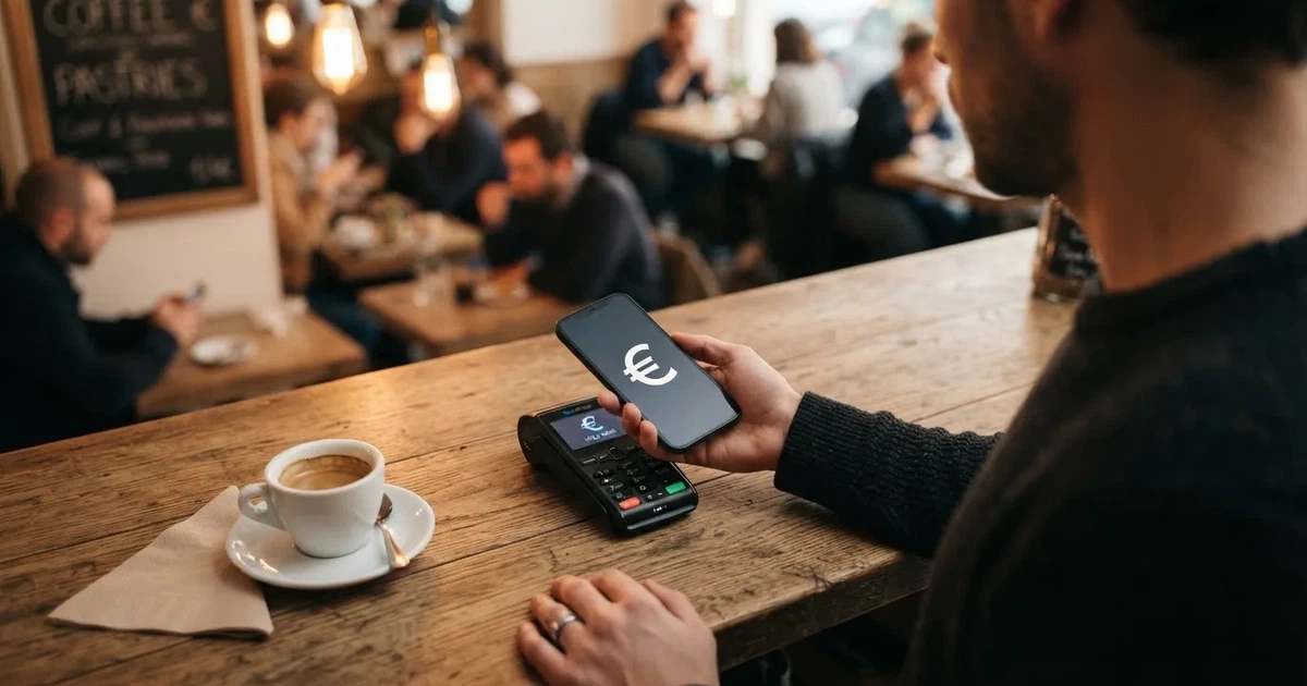 Eine Hand hält ein Smartphone dicht an ein Kartenlesegerät ohne erkennbare Beschriftung in einem Café.