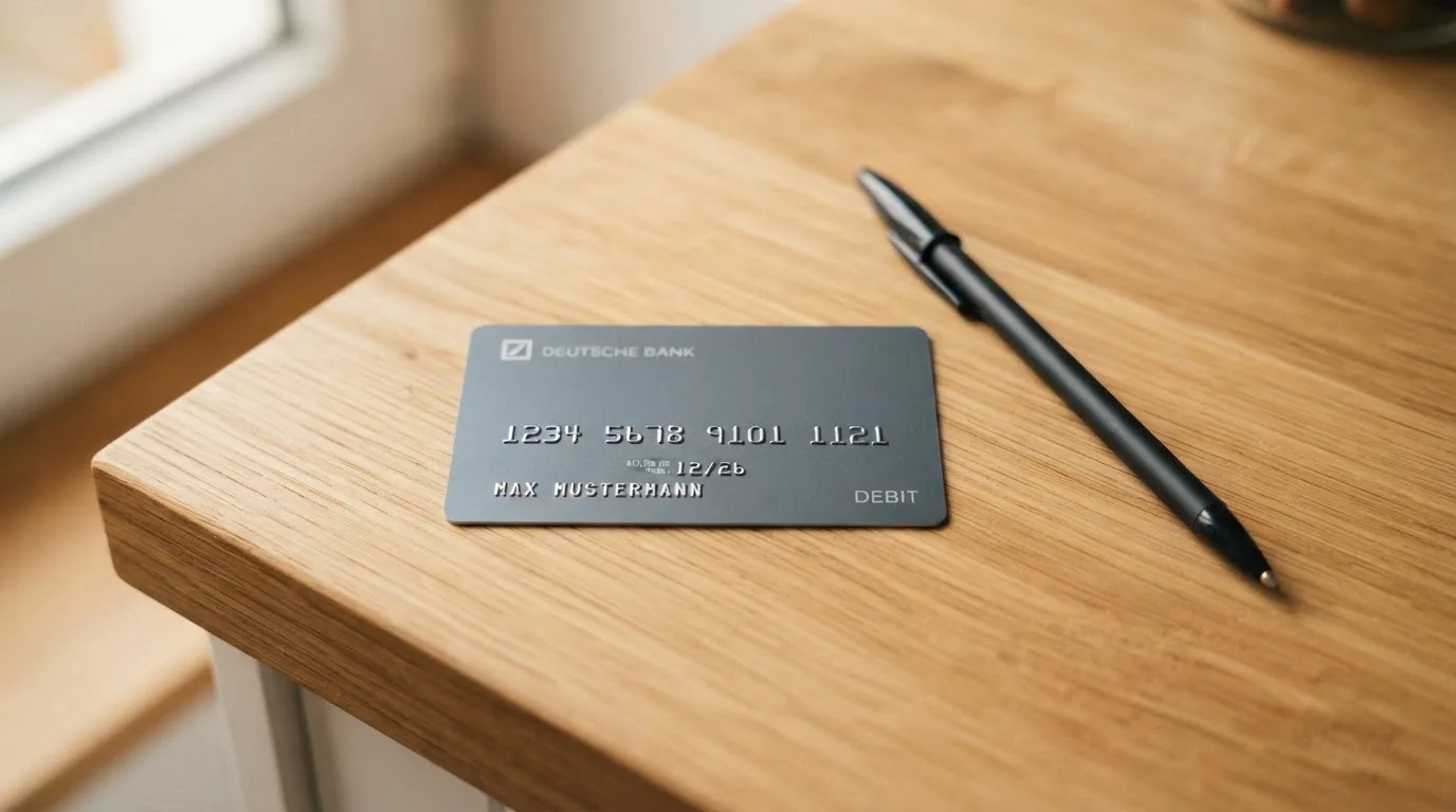 Eine Bankkarte ohne Aufdruck liegt neben einem Kugelschreiber auf einer Arbeitsplatte aus hellem Holz.