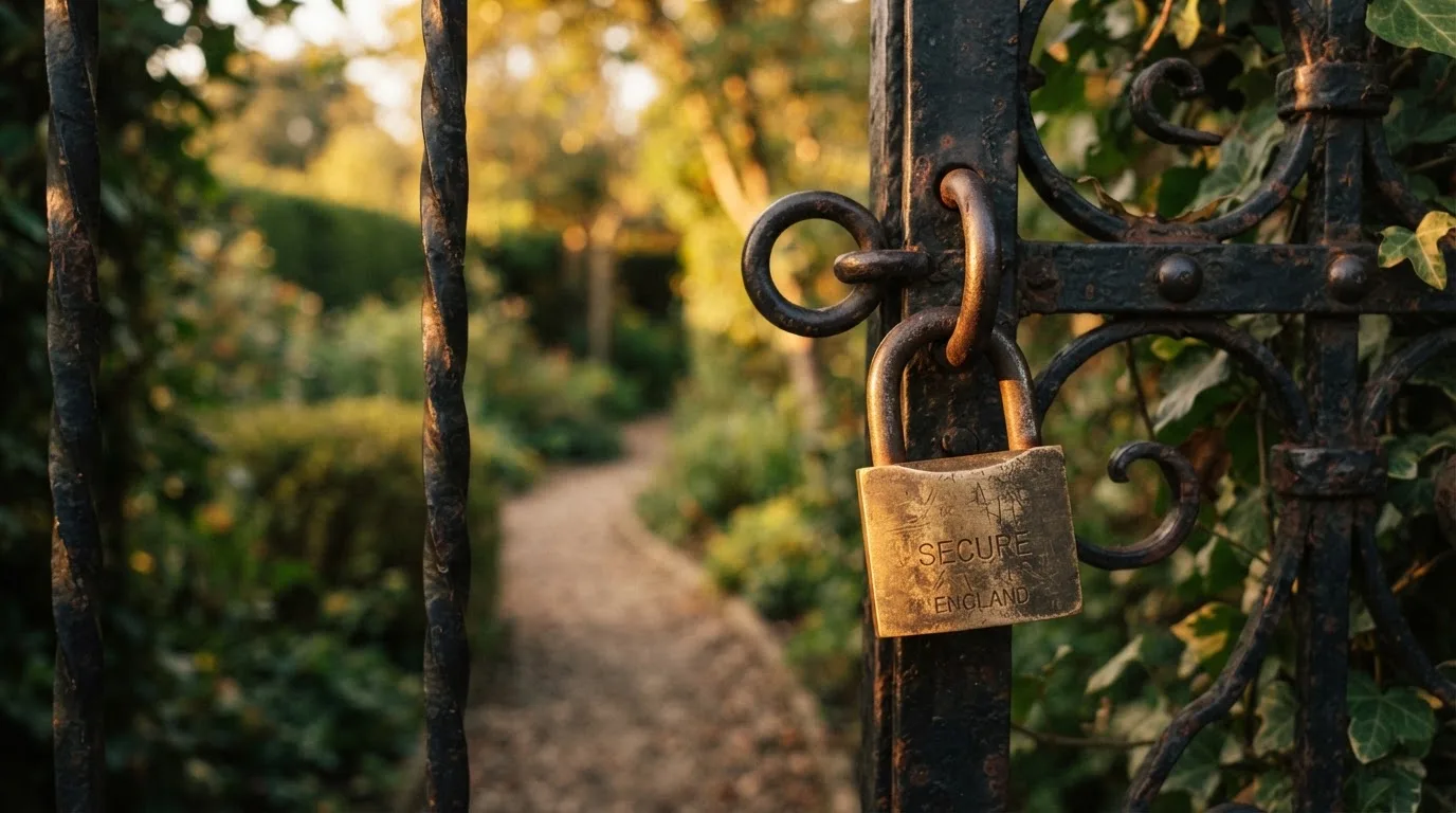 Ein Vorhängeschloss hängt an einem Gartentor im Abendlicht, dahinter ein unscharfer Weg.