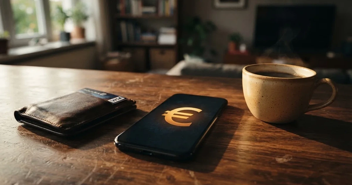 Ein Smartphone mit dunklem Display liegt auf einem Tisch neben einer Geldbörse und einer Tasse Kaffee.