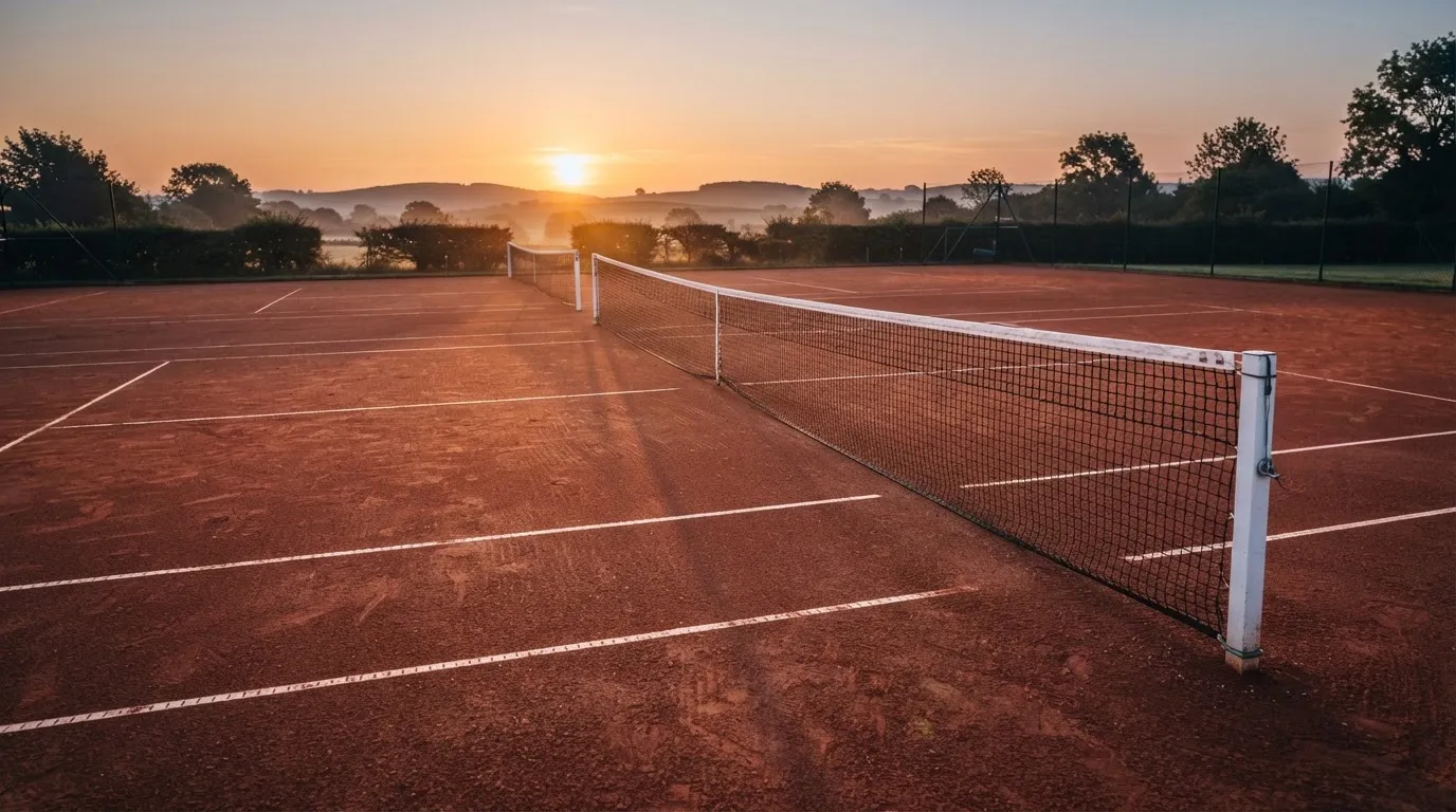 Ein Tennisplatz aus Sand bei Sonnenaufgang, das Netz im Gegenlicht, kein Mensch zu sehen.