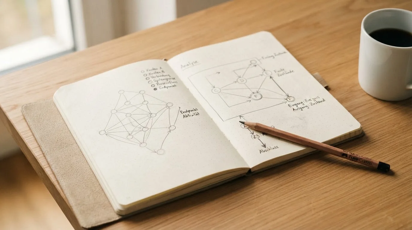 Ein Notizbuch mit handgezeichneten Knoten und Linien liegt neben einem Bleistift auf einem Schreibtisch.