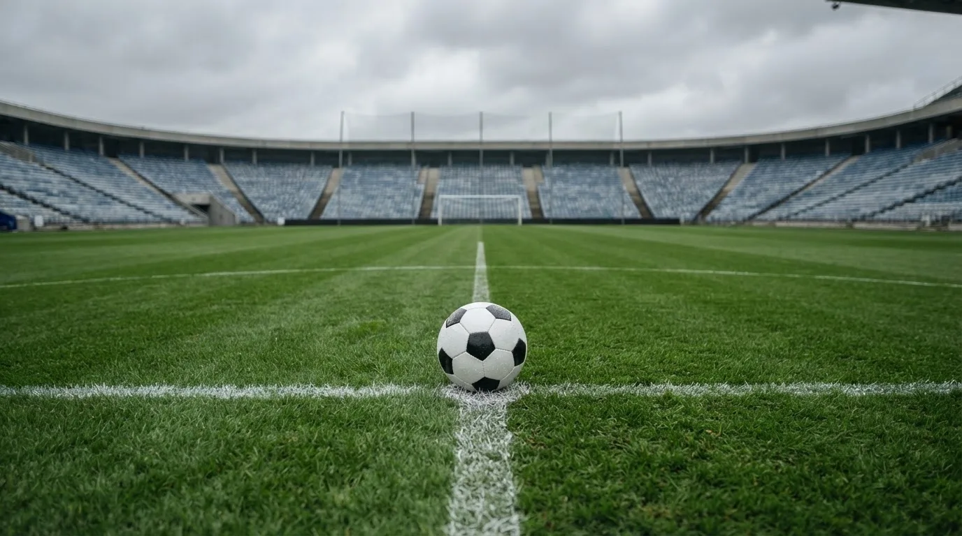 Ein Fußball liegt auf dem Anstoßpunkt eines leeren Rasenplatzes, im Hintergrund eine ruhige Tribüne unter bedecktem Himmel.