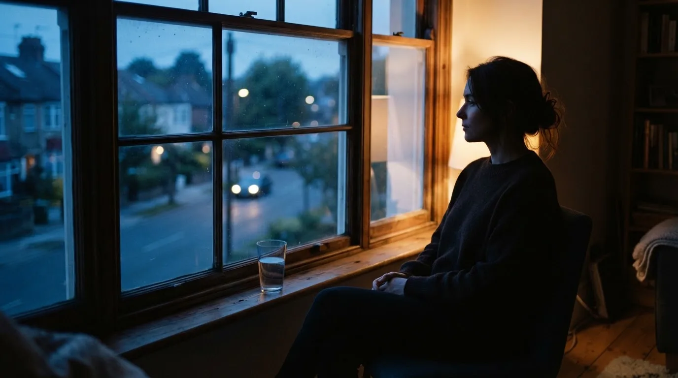 Die Silhouette einer Person sitzt am Abend am Fenster und blickt auf eine Straße, auf dem Fensterbrett steht ein Glas Wasser.