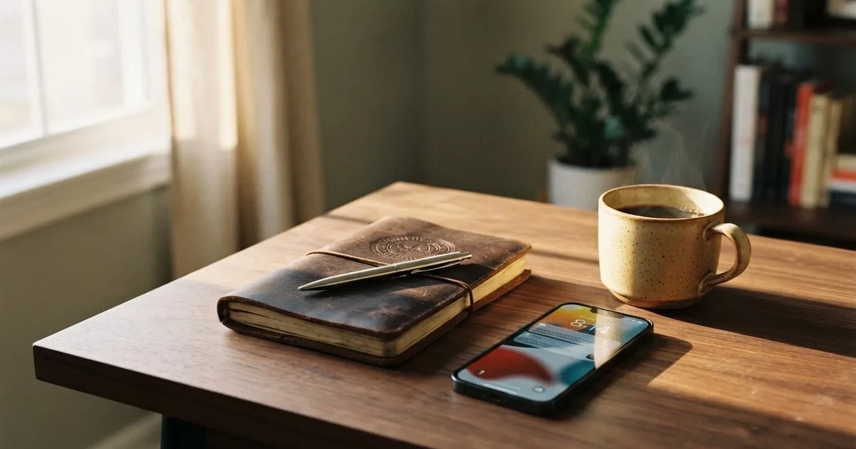 Ein Holzschreibtisch im Morgenlicht mit geschlossenem Notizbuch, Kugelschreiber und Kaffeetasse, daneben ein Smartphone mit dunklem Bildschirm.