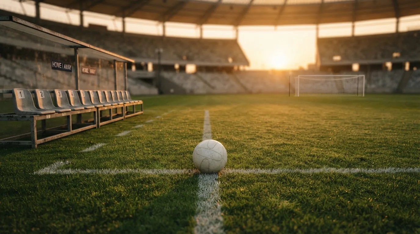 Ein Fußball auf einem Rasenplatz im Gegenlicht der tiefstehenden Sonne, am Spielfeldrand eine leere Ersatzbank.