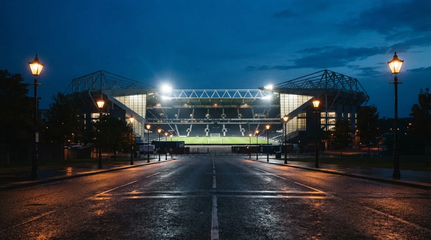 Ein Stadion unter Flutlicht aus der Ferne gesehen, davor eine dunkle Straße mit Laternen und ohne Menschen.