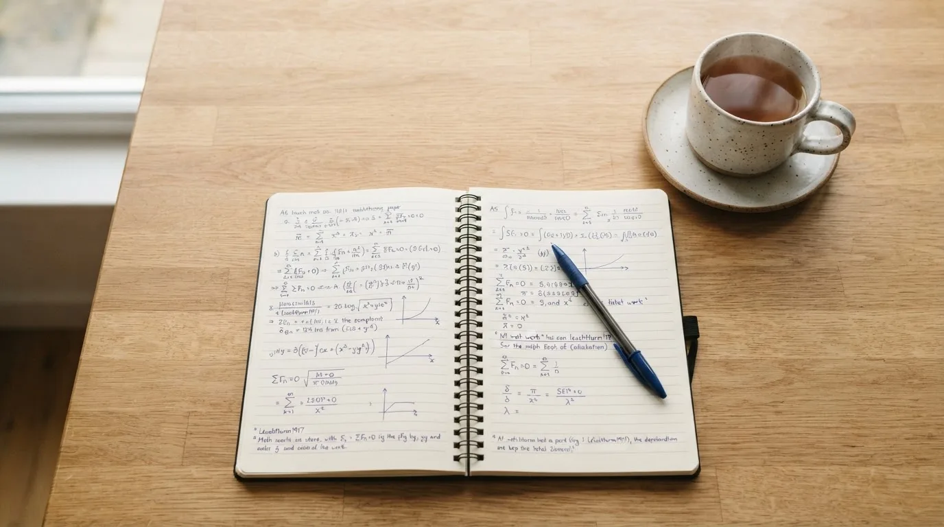 Ein Notizbuch mit handgeschriebenen Rechnungen und ein Taschenrechner auf einem hellen Schreibtisch neben einer Tasse Tee.