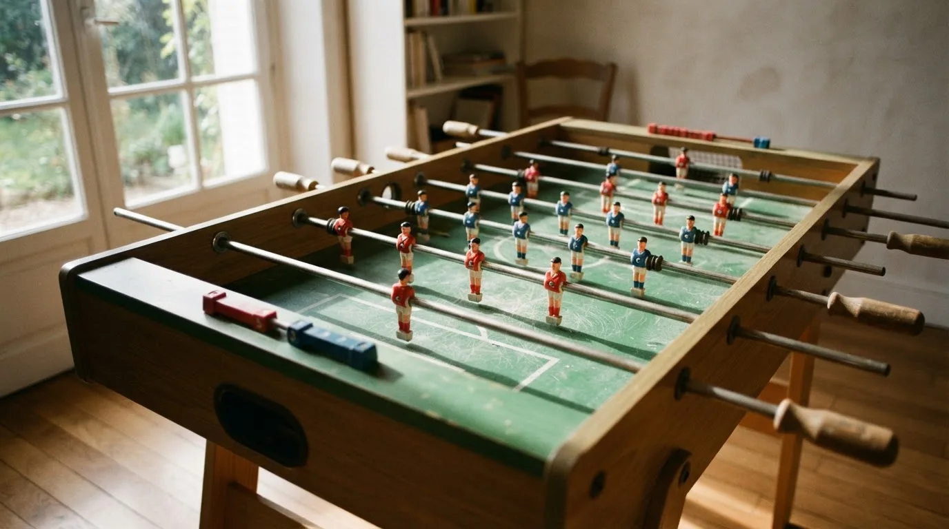 Ein Tischkicker in einem leeren Raum, die Spielfiguren in Reihe, Tageslicht fällt durch ein großes Fenster.