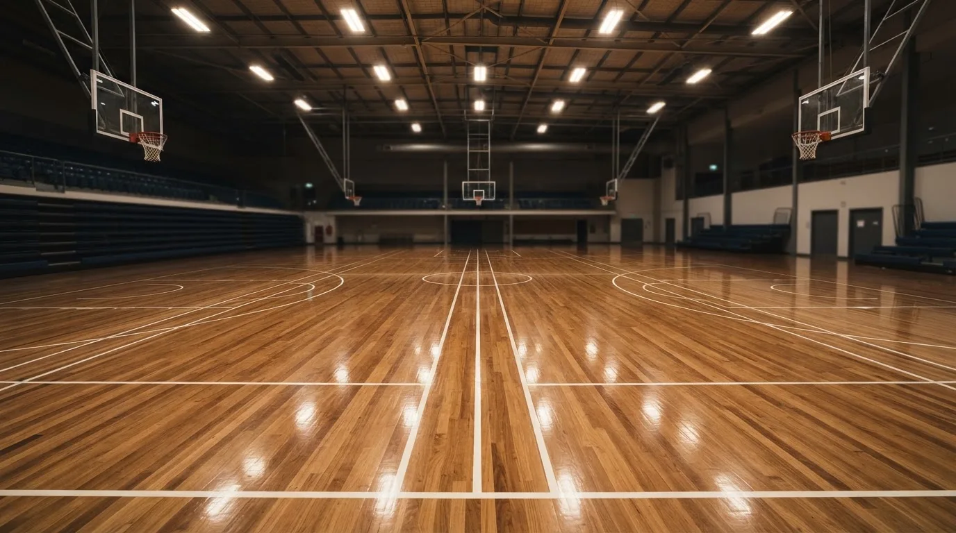 Ein Basketballfeld in einer leeren Halle, das Parkett spiegelt das Licht der Deckenlampen.