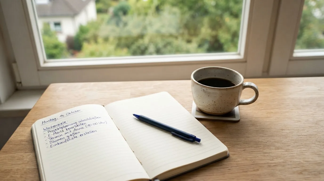 Eine Tasse Kaffee, ein Kugelschreiber und ein aufgeschlagenes leeres Notizbuch auf einem Küchentisch am Fenster.