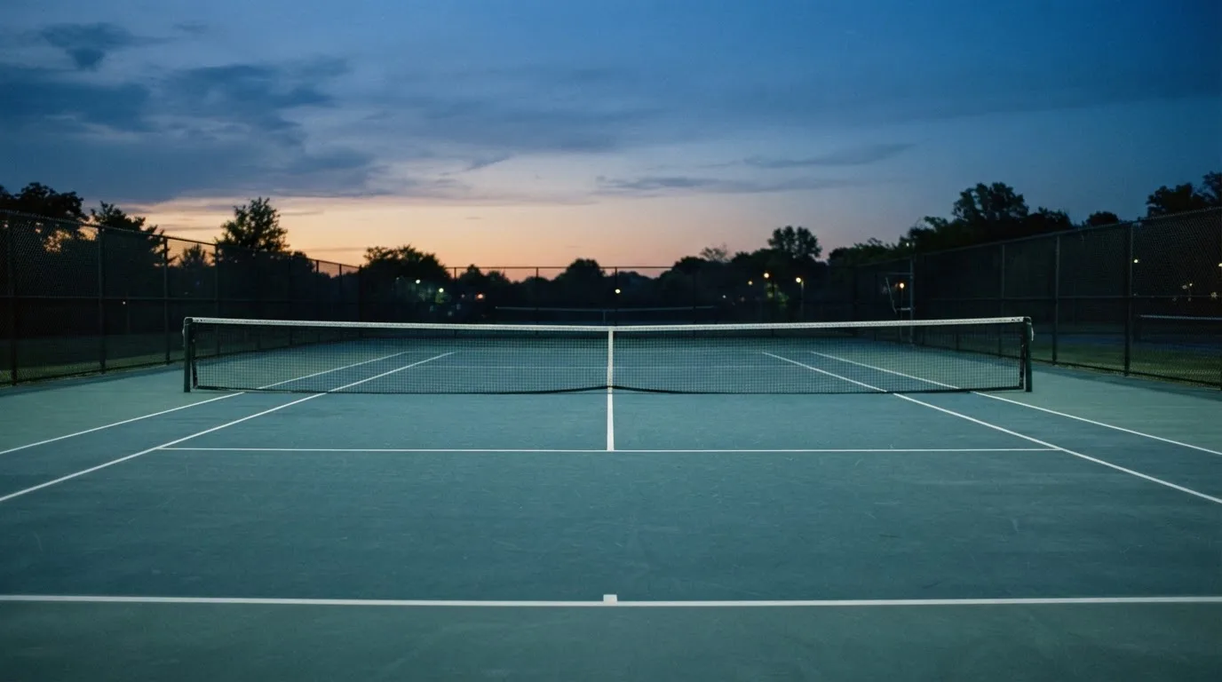 Ein Tennisplatz in der Dämmerung, Netz und Linien im Zwielicht, ohne Menschen und mit ruhigem Himmel.