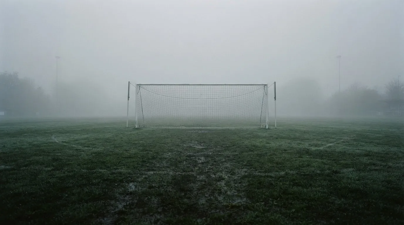 Ein Fußballtor mit Netz im Morgennebel auf einem leeren Platz, die Linien nur schwach zu erkennen.