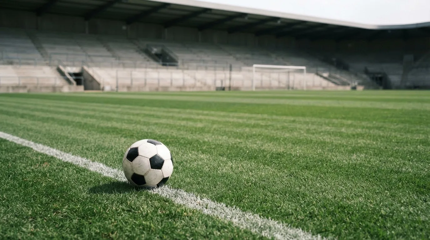 Ein Fußball liegt am Spielfeldrand eines Rasenplatzes, im Hintergrund eine leere Tribüne unter hellem Himmel.