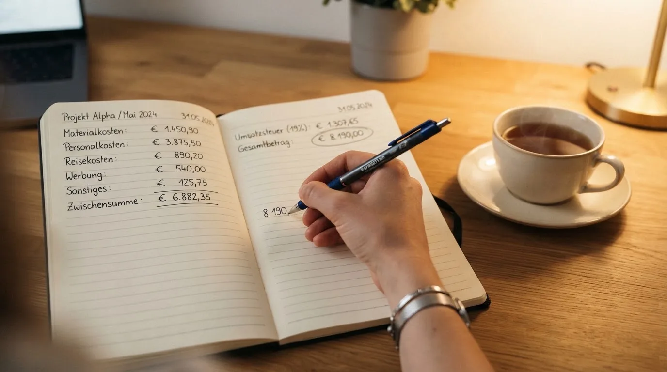 Ein Notizbuch mit handgeschriebenen Rechnungen und ein Taschenrechner auf einem Schreibtisch neben einer Teetasse.