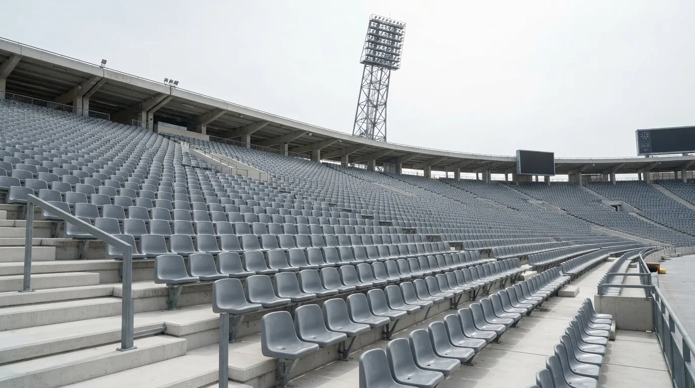 Eine leere Tribüne eines Fußballstadions bei Tageslicht, Sitzschalen in Reihen und dahinter ein Flutlichtmast.