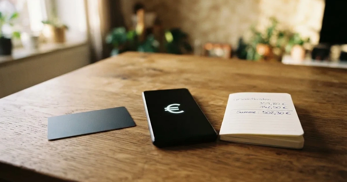 Eine Plastikkarte ohne Aufdruck liegt auf einem Holztisch neben einem Smartphone mit dunklem Bildschirm und einem Notizbuch.