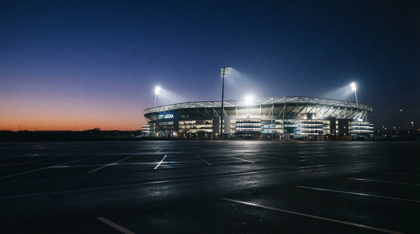 Ein Stadion unter Flutlicht aus der Ferne gesehen, davor ein leerer Parkplatz in der Dämmerung.