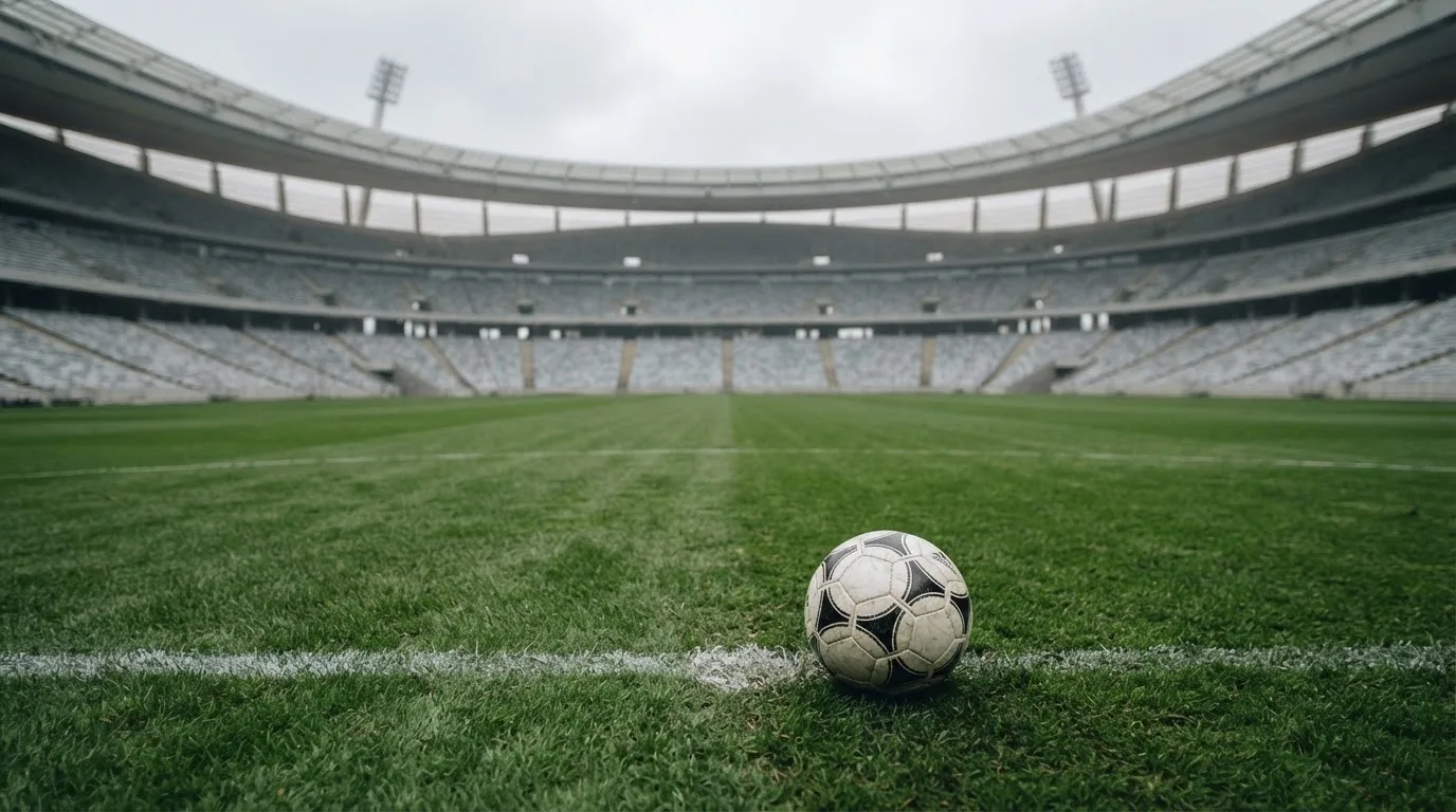 Ein Fußball auf einem Rasen, im Hintergrund ein leeres Stadion bei bewölktem Himmel.