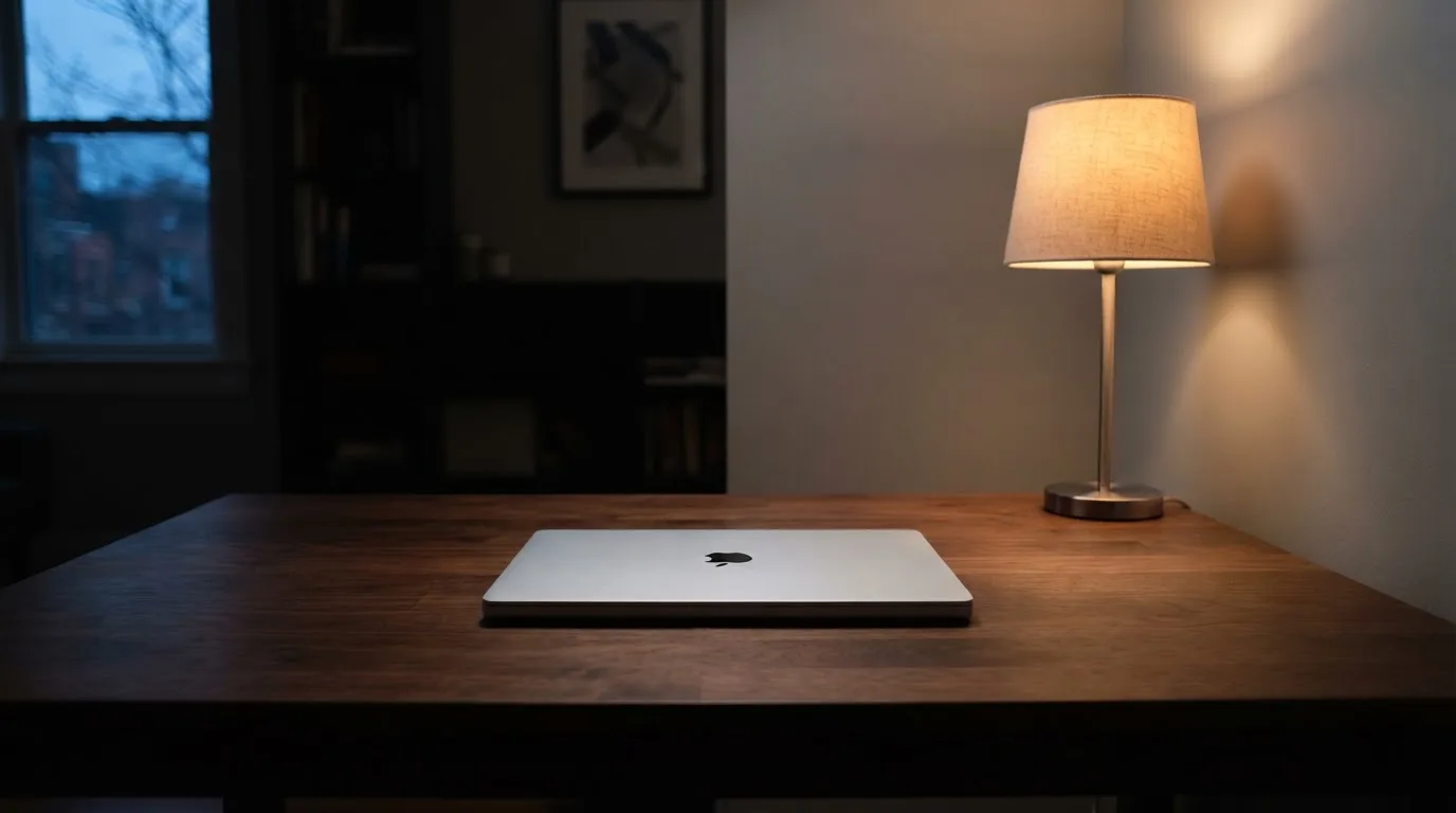 Ein Schreibtisch mit Lampe und geschlossenem Laptop in einem ruhigen Büro bei Abendlicht.