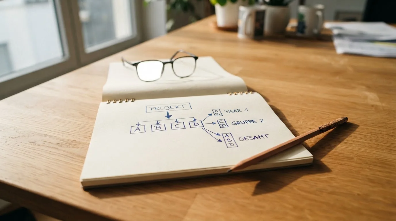 Ein Block mit handgezeichneten Pfeilen und ein Bleistift auf einem Holztisch, daneben eine Brille.