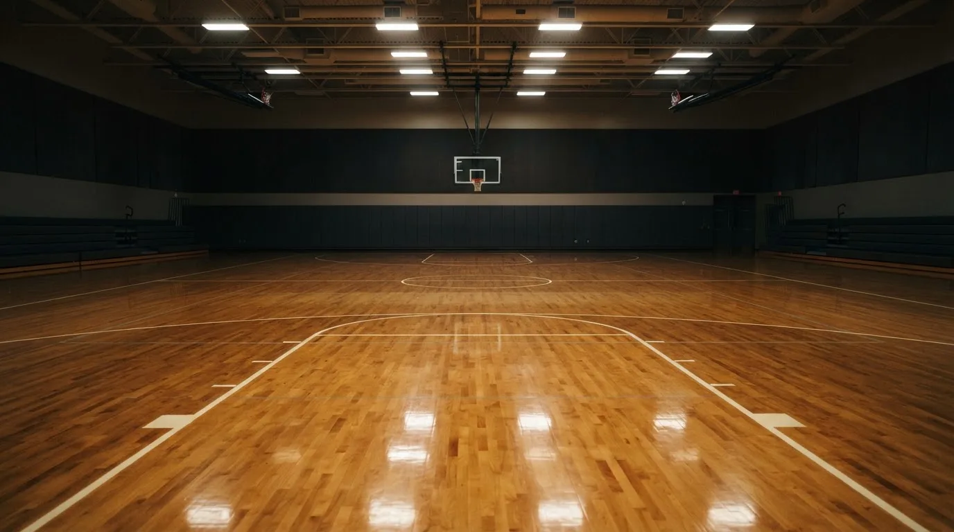 Ein Basketballfeld in einer leeren Halle, das Parkett spiegelt das Deckenlicht.