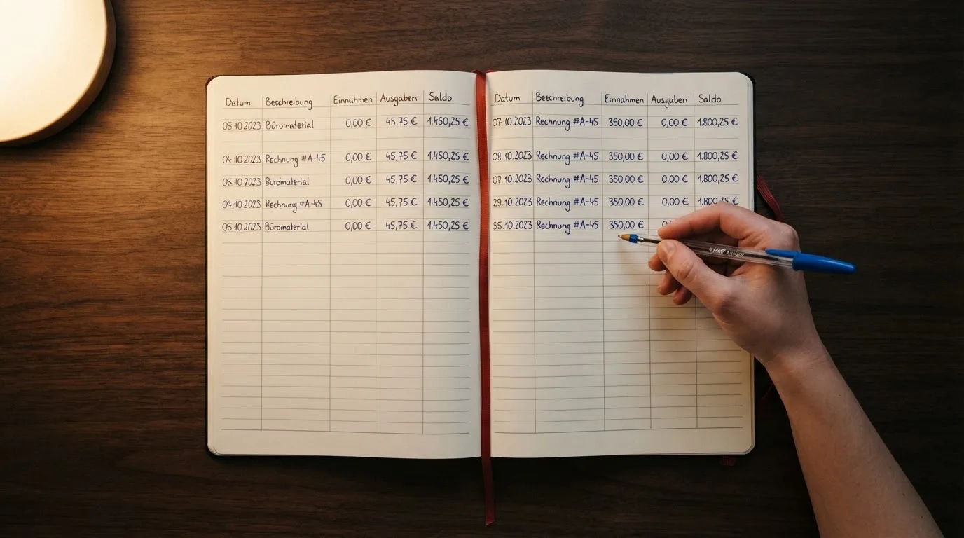 Ein Taschenrechner und ein Notizbuch mit handschriftlichen Zahlenreihen auf einem Schreibtisch neben einem Kugelschreiber.