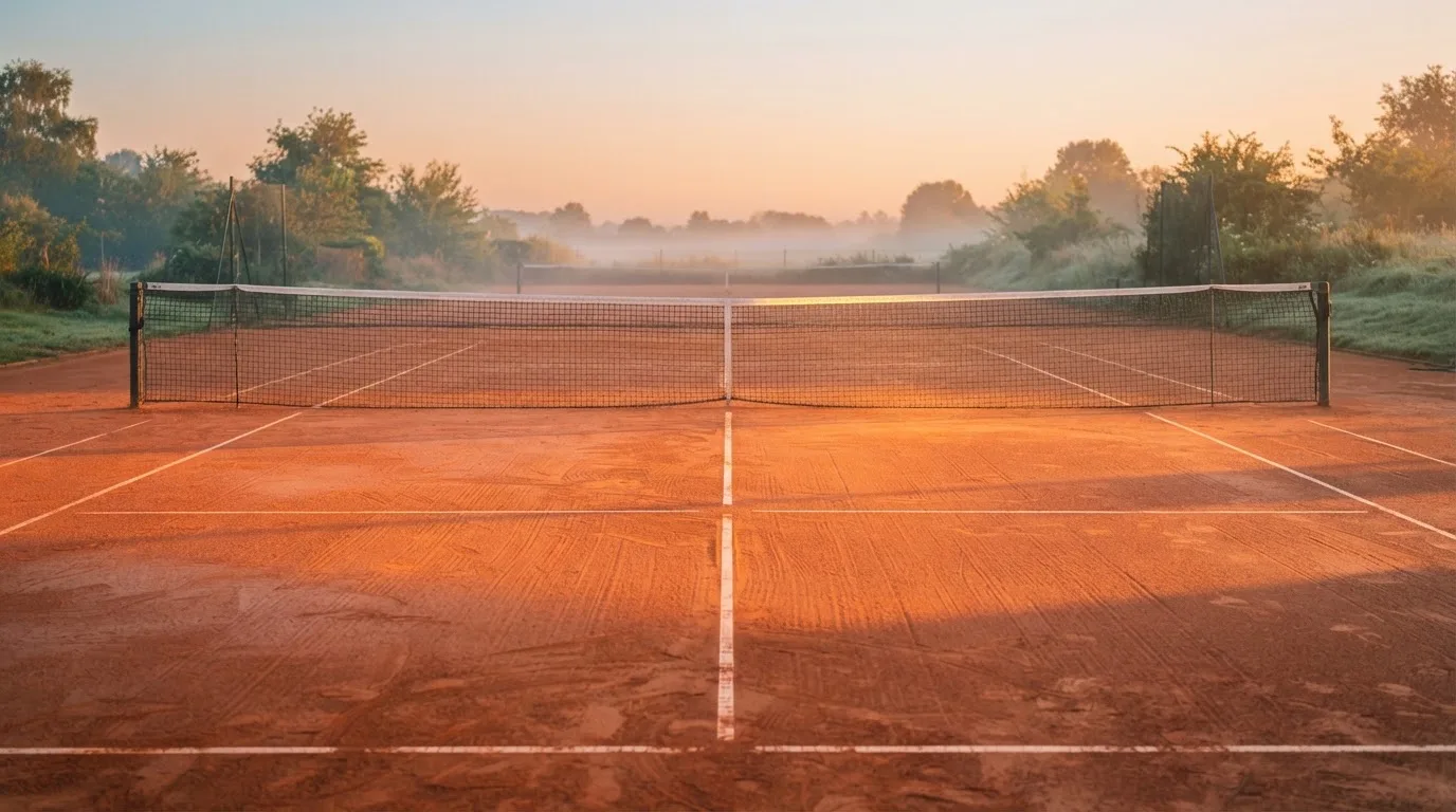 Ein Tennisplatz bei Sonnenaufgang, Netz und Linien im Streiflicht, ohne Menschen.