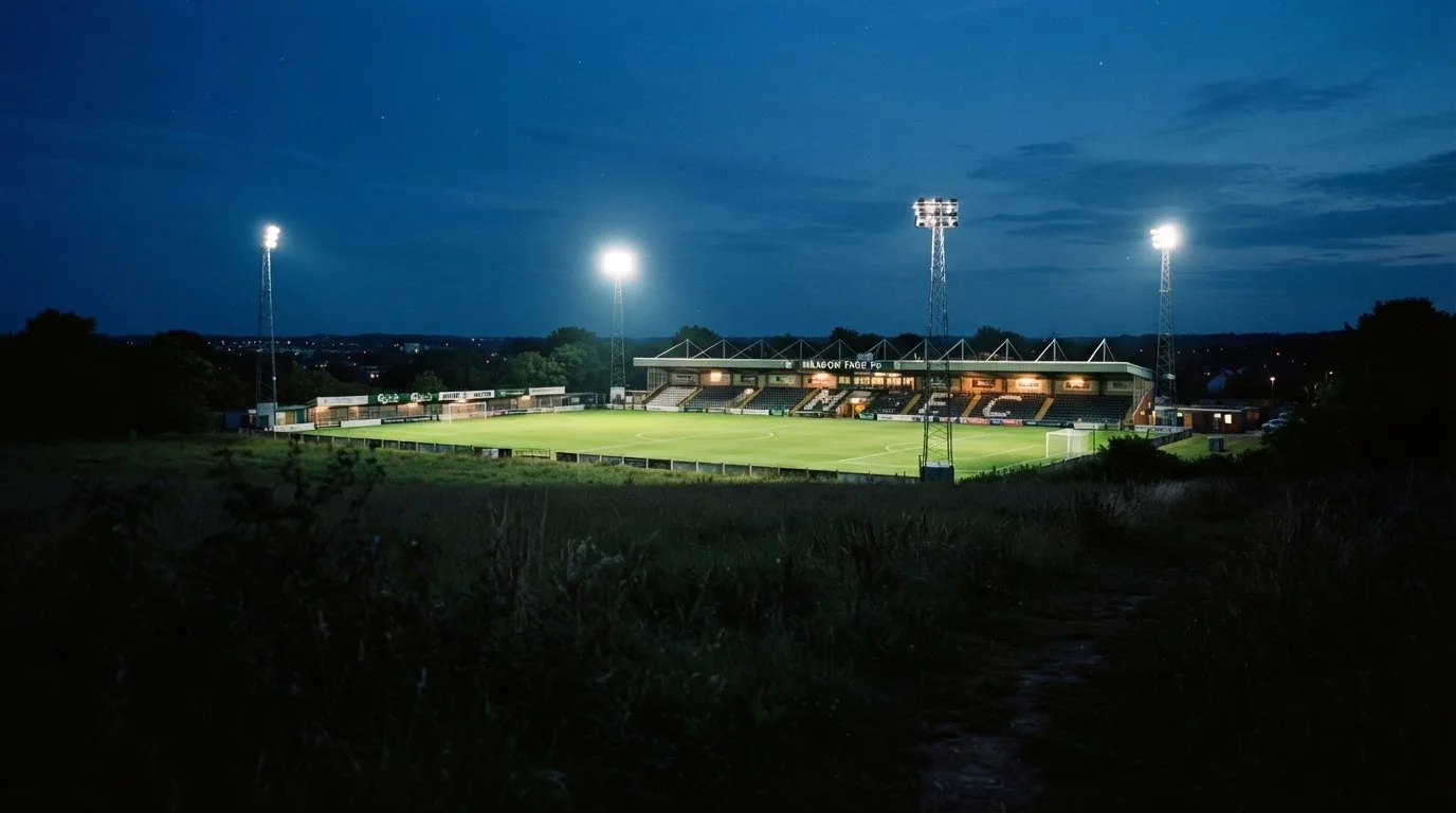 Ein Stadion unter Flutlicht aus der Ferne gesehen, im Vordergrund ein leeres Feld in der Dämmerung.