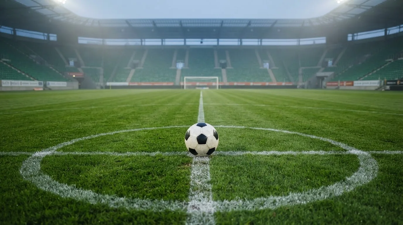 Ein Fußball liegt auf dem Anstoßpunkt eines leeren Rasenplatzes, im Hintergrund hängt Morgendunst über den Tribünen.