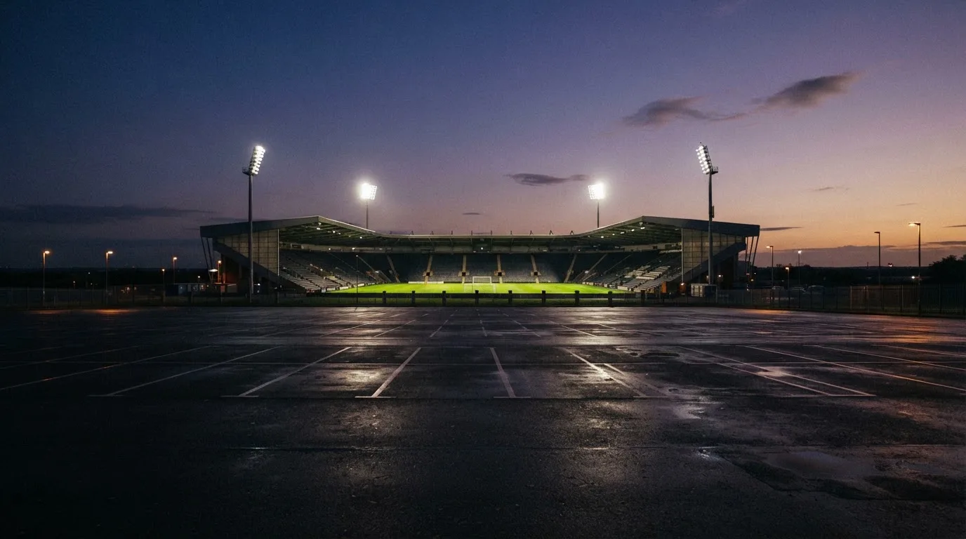 Ein Fußballstadion unter Flutlicht, aus großer Entfernung bei Einbruch der Dunkelheit gesehen, davor ein leerer Parkplatz.