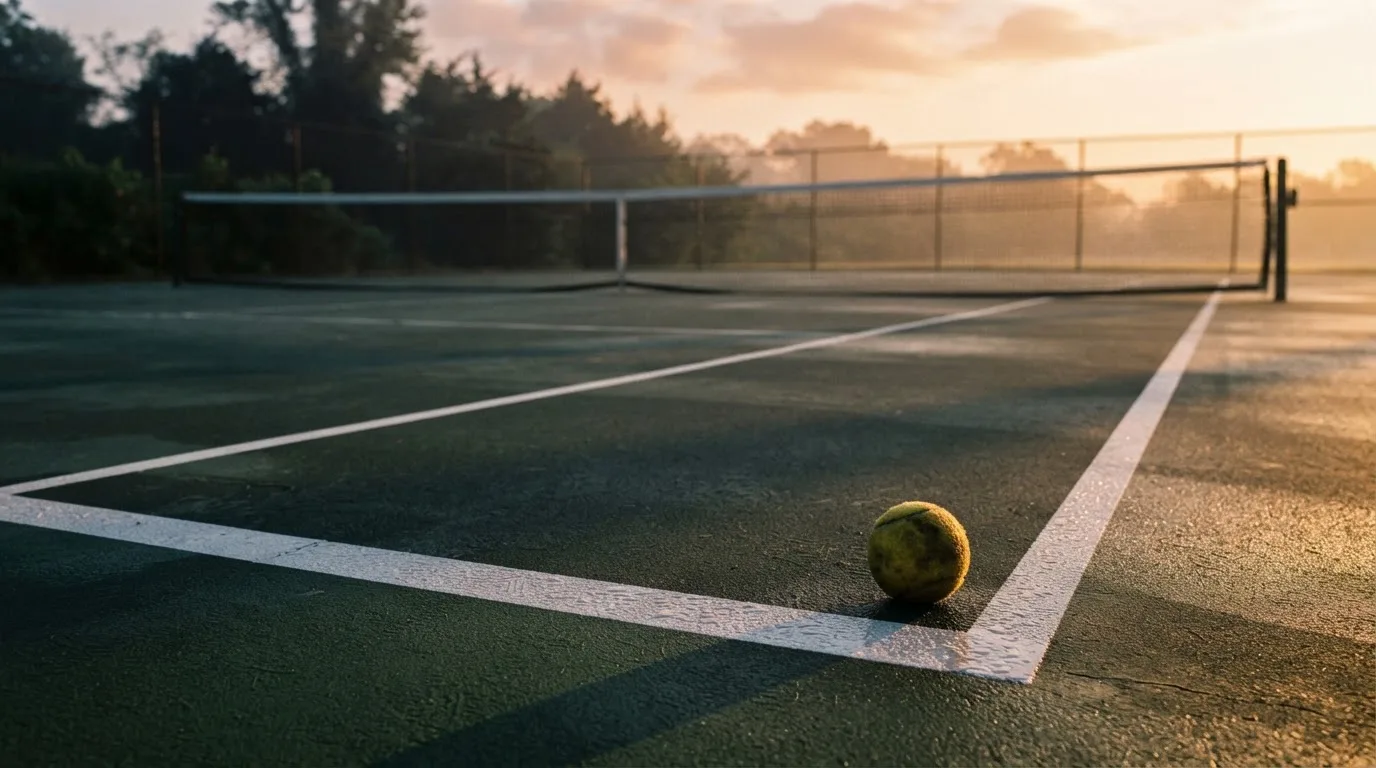 Ein Tennisplatz bei Sonnenaufgang, die Linien noch taufeucht, ein einzelner Ball liegt an der Grundlinie.