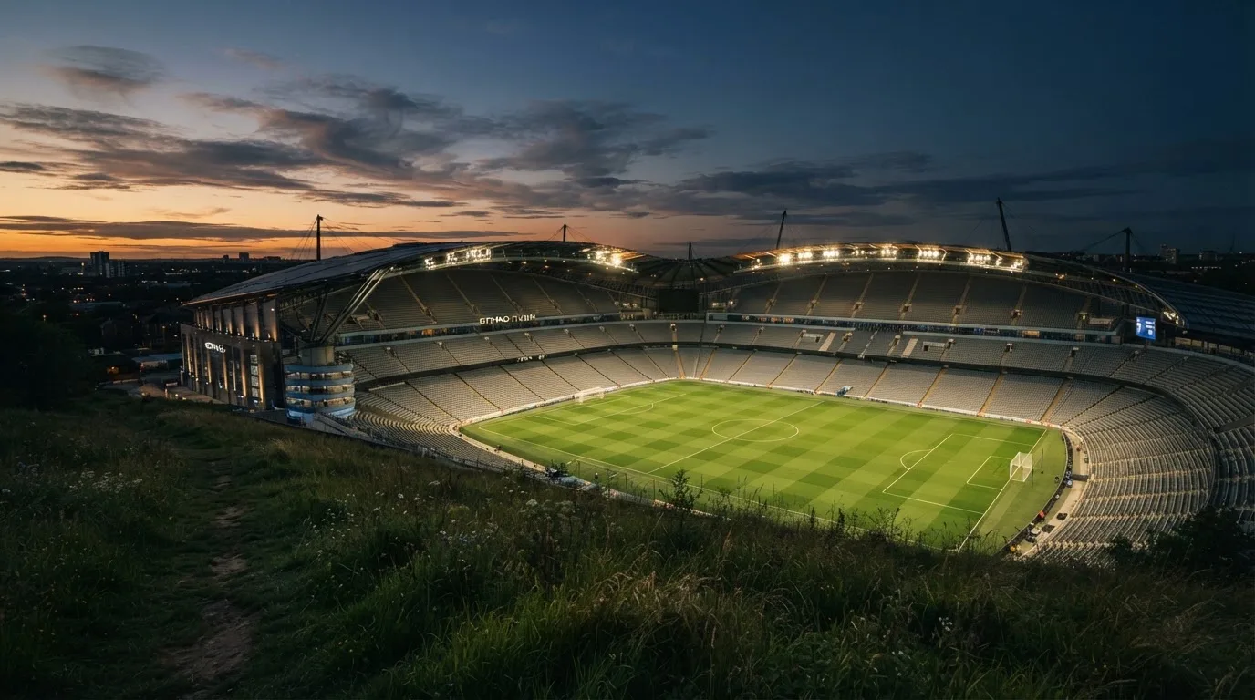 Ein leeres Stadion mit hell erleuchteten Rängen in der Abenddämmerung, von einem Hügel aus fotografiert.