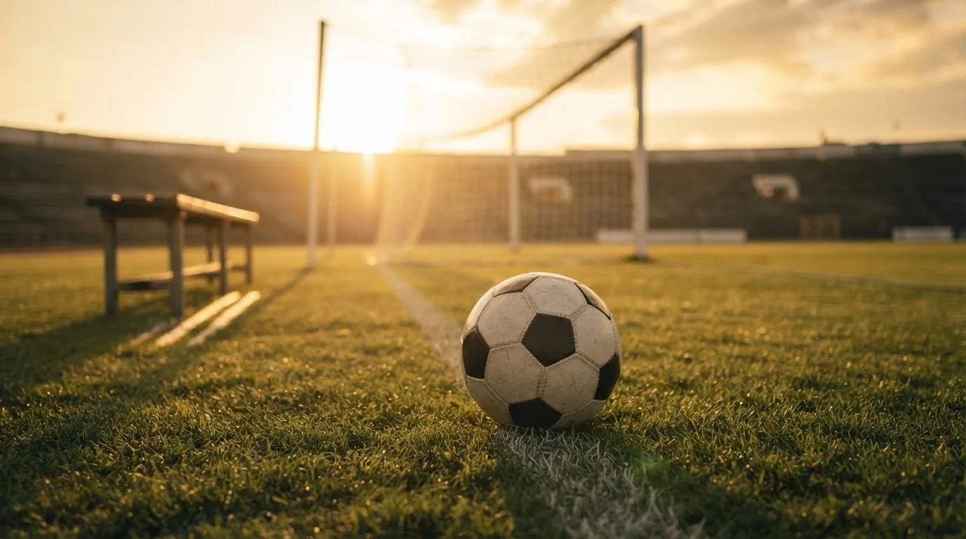 Ein Fußball liegt im Gras am Spielfeldrand, dahinter eine leere Bank und ein Tor im Gegenlicht.