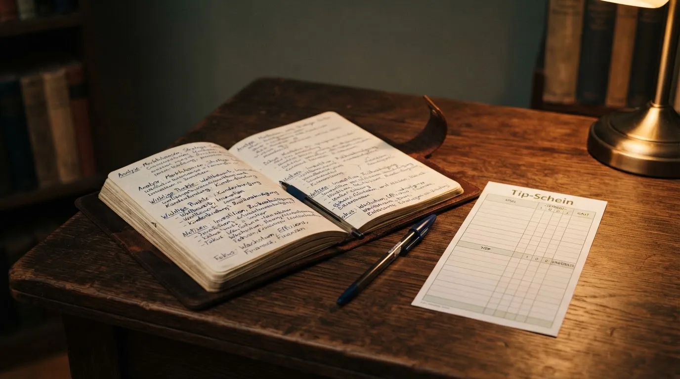 Ein Notizbuch mit handschriftlichen Notizen liegt aufgeschlagen neben einem leeren Papier-Wettschein auf einem Holztisch.