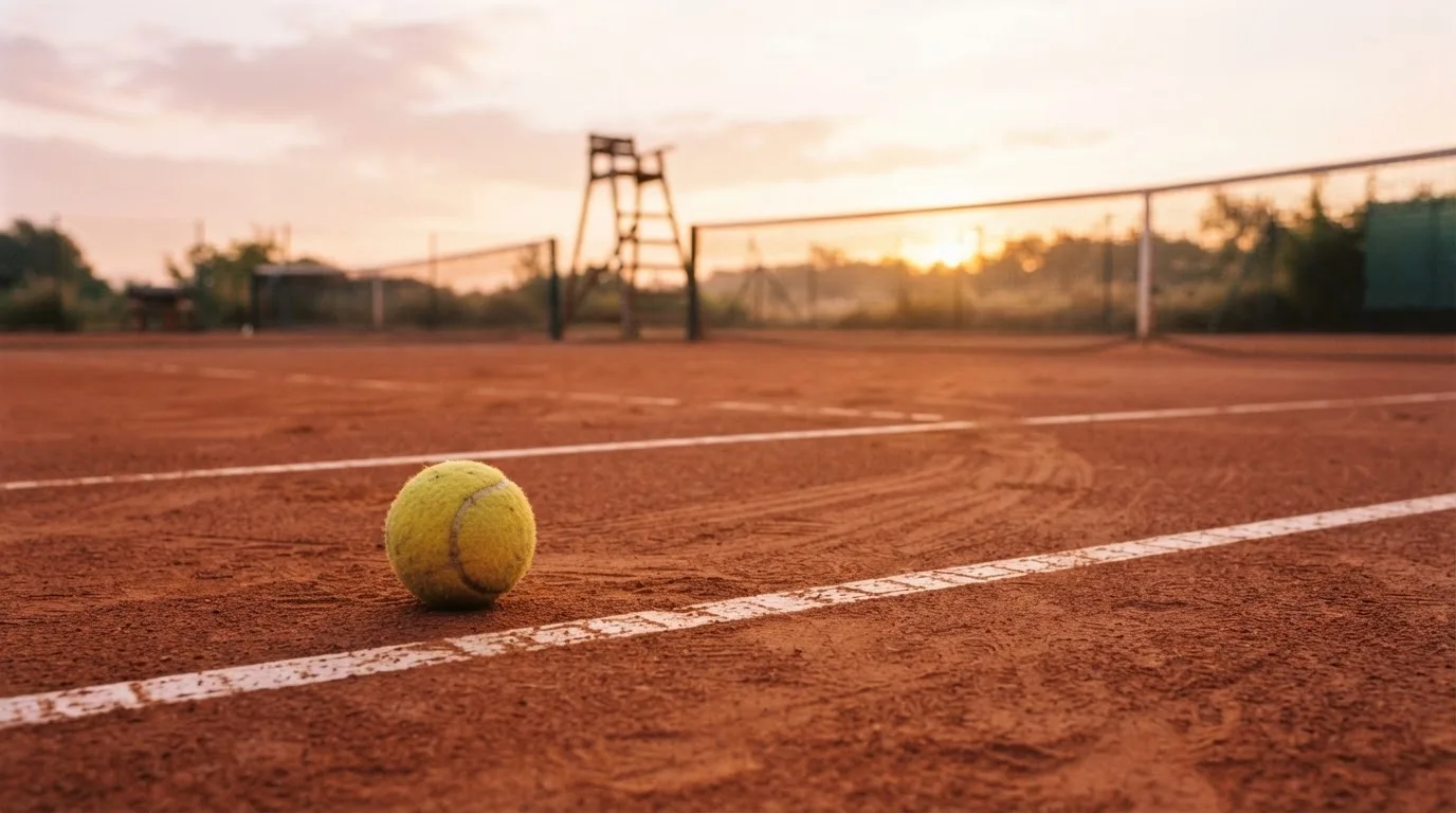 Ein Tennisball liegt auf einem roten Sandplatz bei Sonnenaufgang, im Hintergrund ein leerer Schiedsrichterstuhl.