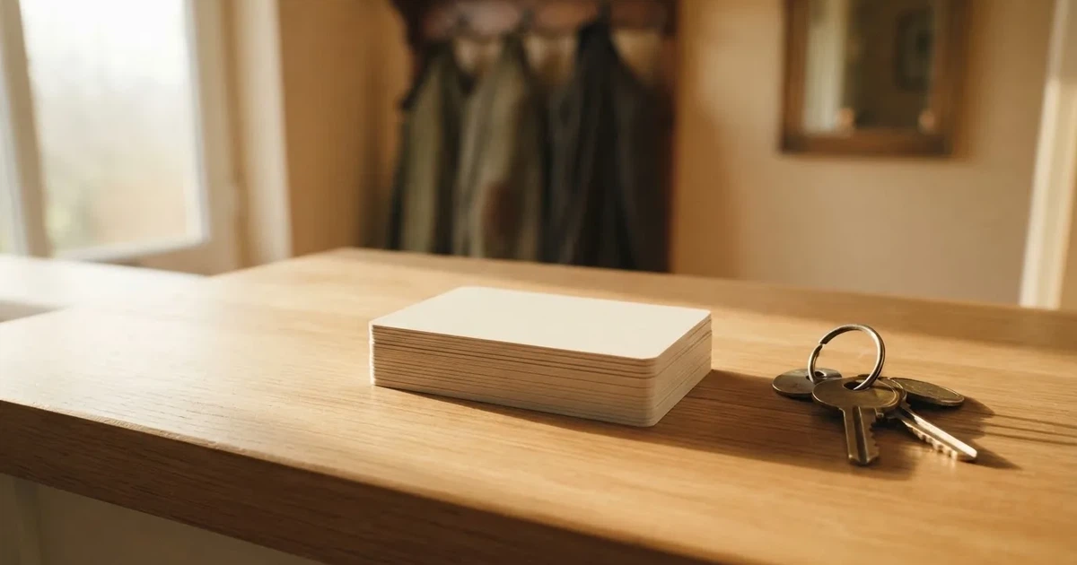 Ein kleiner Stapel unbedruckter Pappkarten liegt neben einem Schlüsselbund auf einem Tresen aus hellem Holz.
