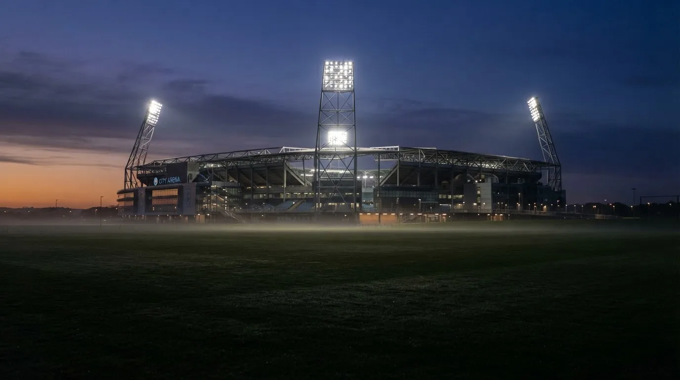 Ein Stadion unter Flutlicht aus der Ferne, davor ein stilles Feld im Dämmerlicht.